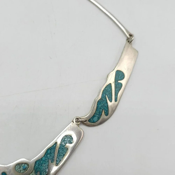 Vintage Alpaca Mexico Silver Blue Crushed Turquoise Inlay Necklace - Picture 4 of 7
